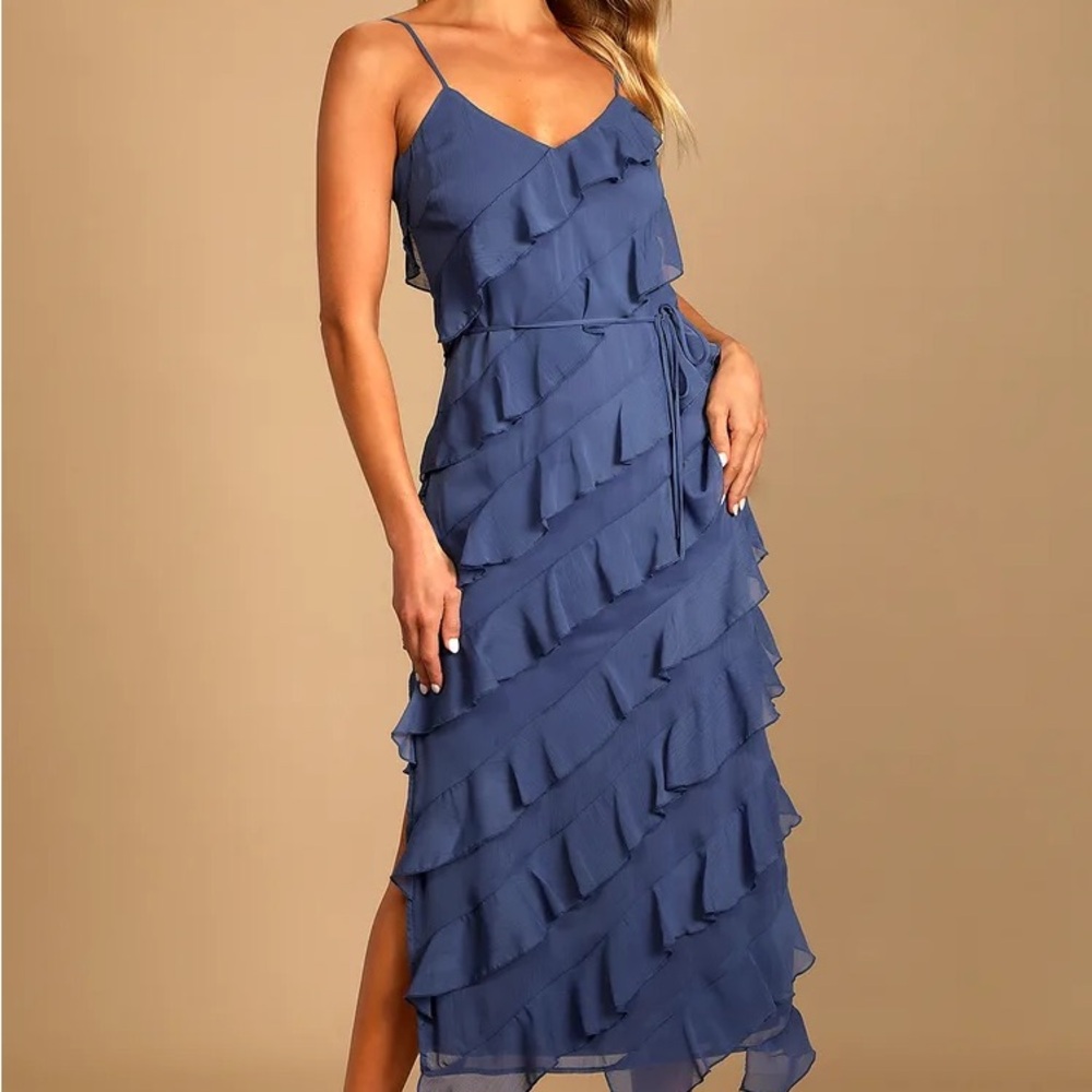 Dusty Blue Tiered Ruffled Midi Dress Lulus - medium